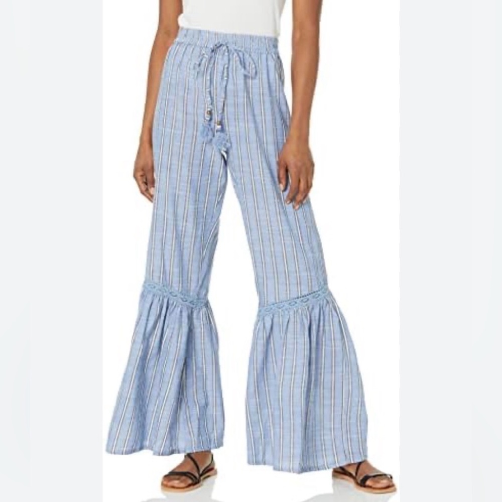 Angie NWT wide leg striped bohemian beachy, elastic waist pants size small blue